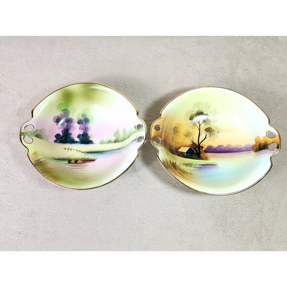 Rare Meito China Bowl Dish 7" Hand Painted Gold Trim Double Handle 1930 Japan - Picture 2 of 15